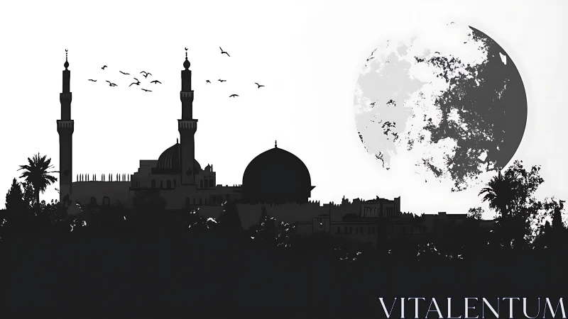 Moonlit city skyline with graceful minarets in silhouette.