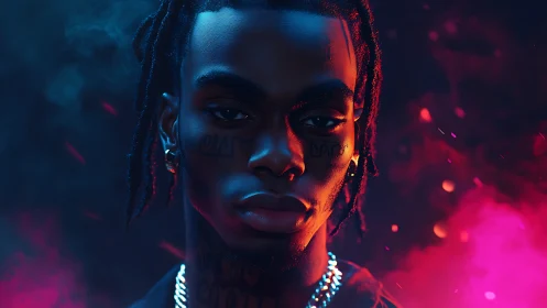 Portrait of young man in colored neon studio lighting.