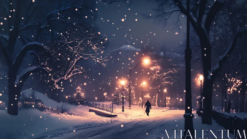 Solitary figure walks through snowy park under streetlights