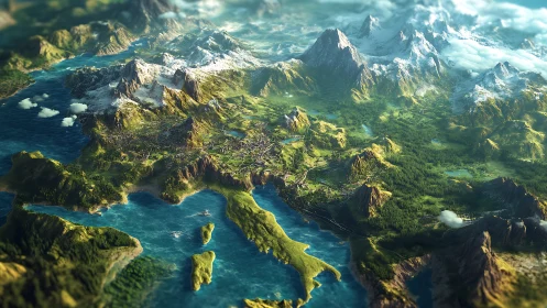 Rendered mountainous coastal landscape with settlements.