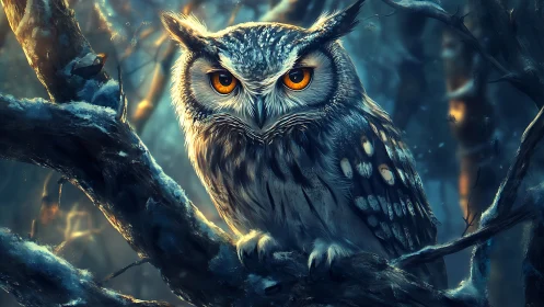 Majestic owl in snowy forest, digital fantasy art style.