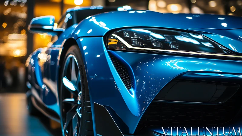 Electric blue sports coupe under glossy showroom bokeh.