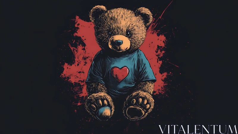 Brown teddy bear in blue heart shirt on dark red splash