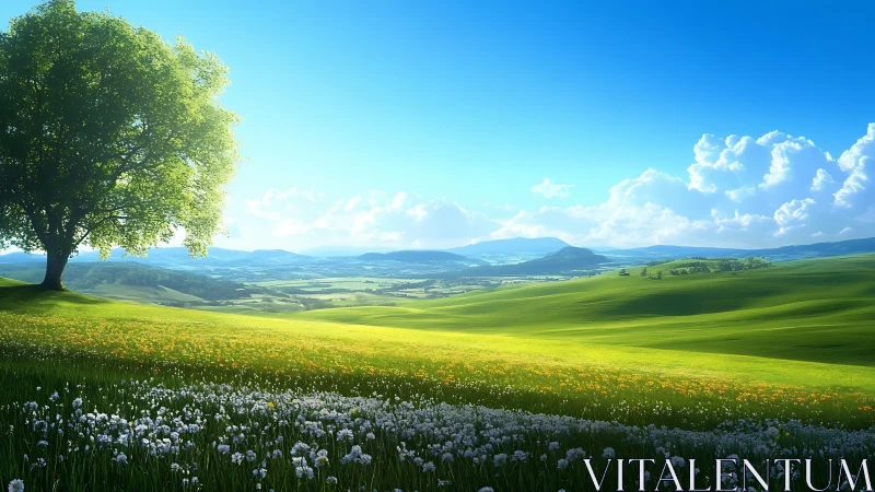 Sunlit hilltop meadow rolls toward distant blue mountains.