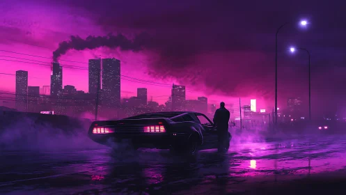 Neon magenta nightscape frames retro muscle car and lone figure