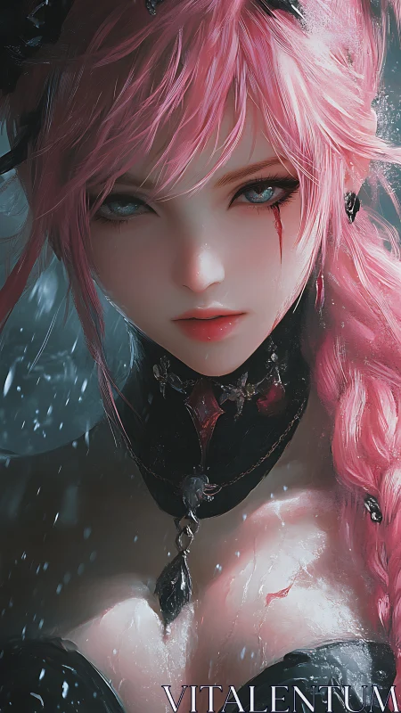 Pink haired warrior gazes forward under falling snow