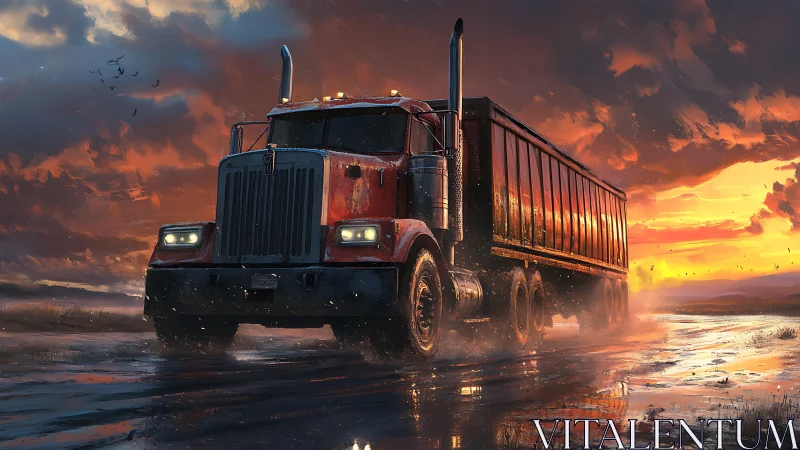 Diesel freight hauler traversing reflective wetland roadway at dusk.