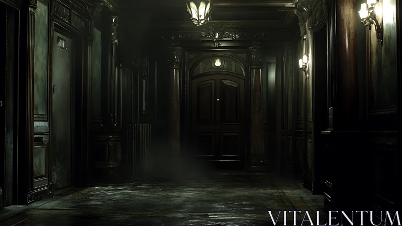 Cinematic low-key render of an ominous neoclassical hallway