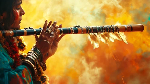 Woman playing decorated flute against vivid warm sky.