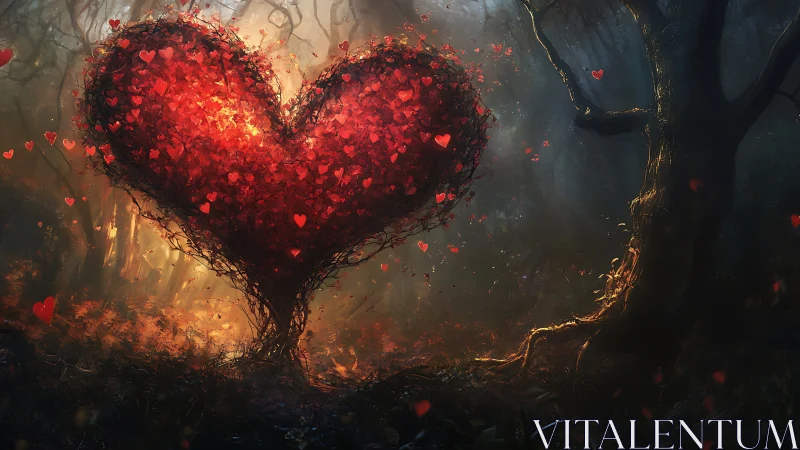 Heart-shaped Tree with Glowing Red Particles in Atmospheric Setting