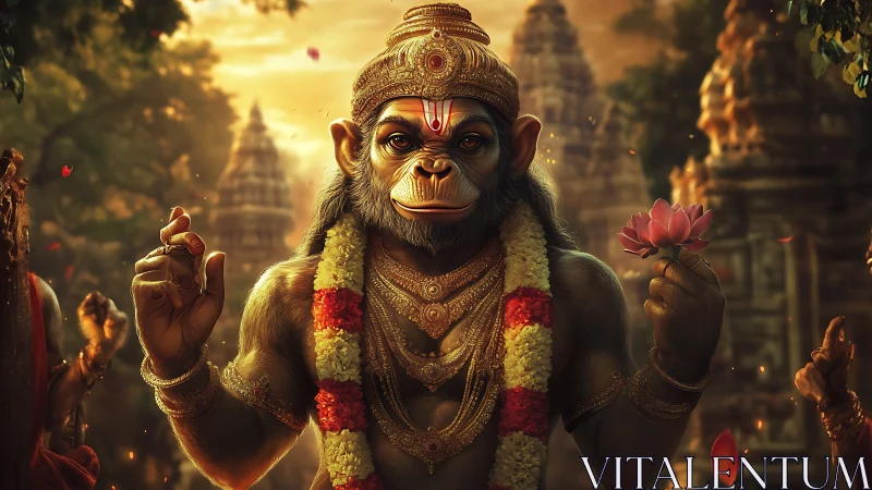 Monkey-headed deity figure in ornate temple courtyard scene.