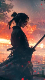 Lone samurai in rain before blazing shoreline at dusk.