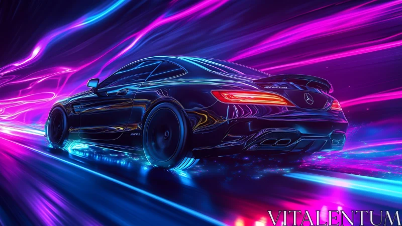 Neon highway ride sends a sleek sports car racing into light