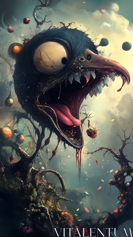 Grotesque skybird howls above a carnivorous dream forest.