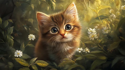 Orange tabby kitten positioned among flowering foliage with diffused golden lighting