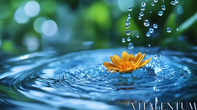 Golden flower drifts in rippling blue water under droplets.