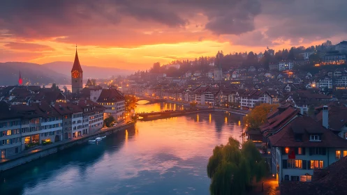 Sunset spell over riverside roofs and glowing old town lights.