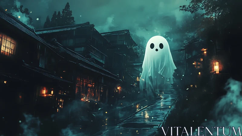 Cute ghost drifts through misty lantern-lit village street.