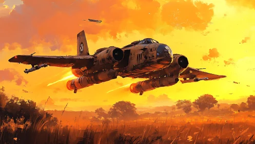 Sunset gunship gliding low across a glowing orange sky.