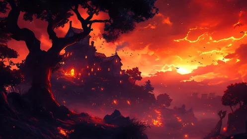 Haunted Castle Ablaze Against Apocalyptic Sunset.