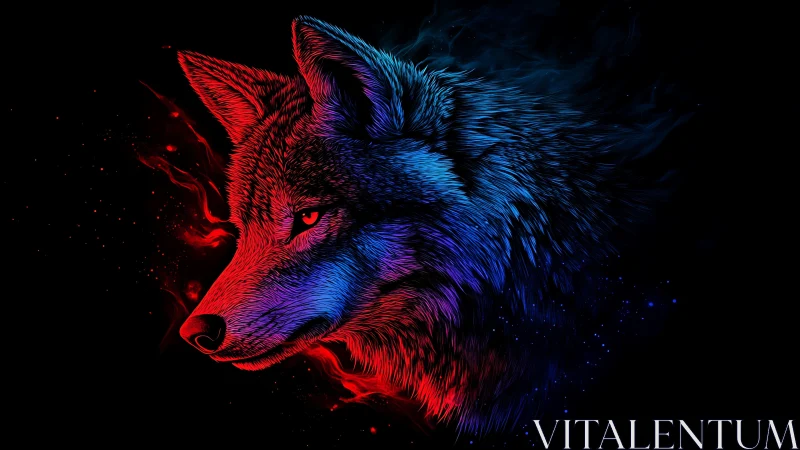 Neon wolf portrait glows with dual red and blue lighting