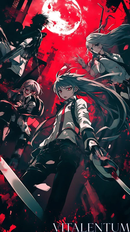 Blade-wielding anime squad confronts blood-red moon sky