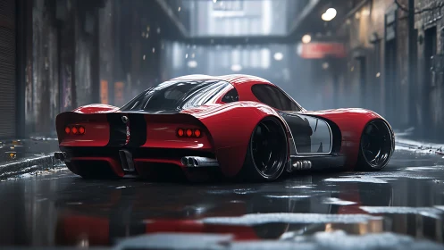 Low-slung crimson supercar in rain-soaked urban alleyway.