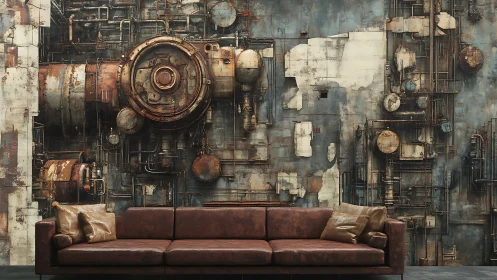 Industrial wall mural frames brown leather loft sofa.
