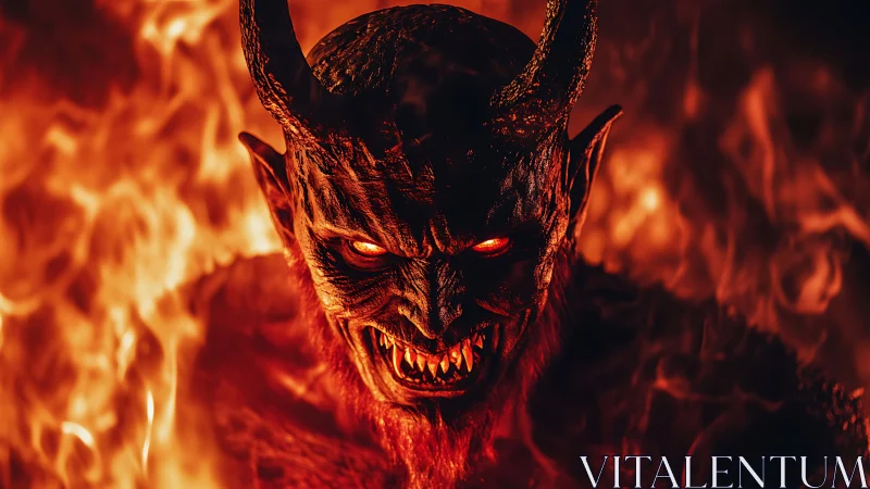 Horned demon emerging from blazing inferno with glowing eyes