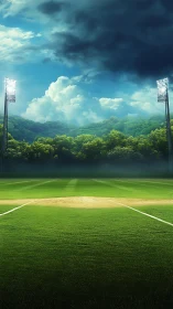 Cricket pitch under storm clouds and stadium floodlights.