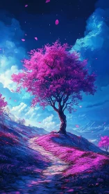 Starlit blossom tree along a glowing dreamlike hillside path.