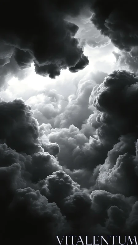 Monochrome storm clouds encircling a luminous sky core.