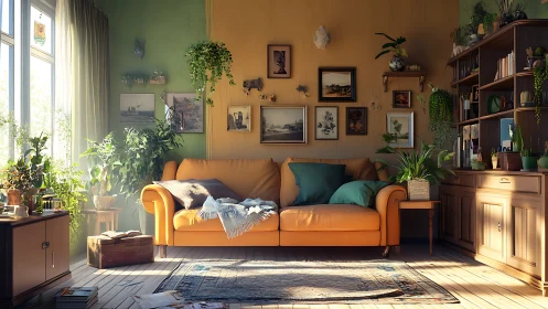 Sunlit botanical living room with ochre sofa and wall art.