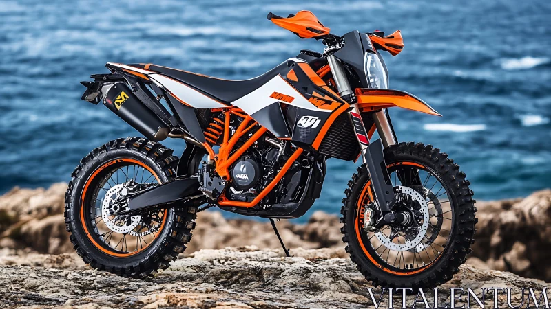 Orange KTM off-road motorcycle stands on rocky coastal cliff