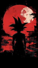 Anime silhouette before grunge red moon with torii framing.