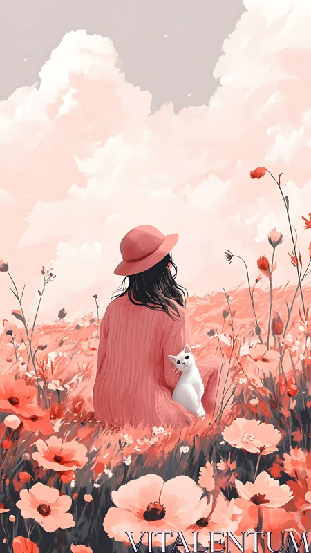 Back-view girl and white cat in monochrome coral flower field