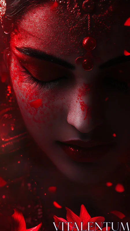 Divine red portrait evokes serene power and mystical grace.