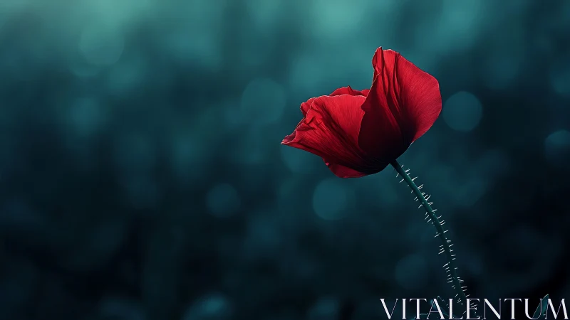 Macro study of red poppy bloom against teal bokeh field.