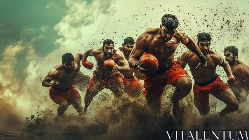 Multiple male athletes with boxing gloves running through dust.