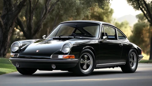 Classic black sports coupe gleams under soft park light.