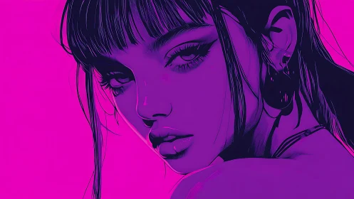 Neon magenta portrait of illustrated woman in profile.