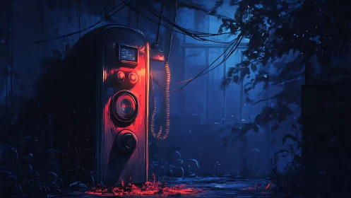 Retro industrial console glows in neon blue and red haze