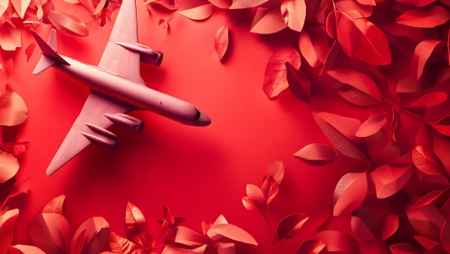 Monochrome red jetliner amid sculpted botanical foilage