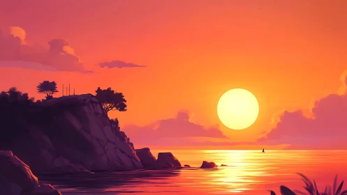 Sunset colossus over quiet cove and wandering sailboat.