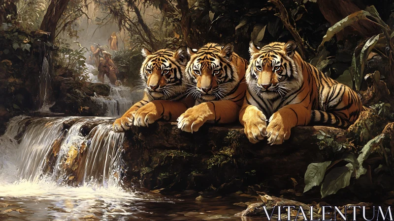 Three tigers rest on rocky outcrop beside jungle waterfall
