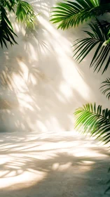 Tropical palm leaves cast soft shadows on sunlit wall.