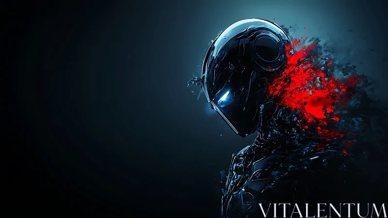 Chrome sentinel pauses as crimson data erupts into void