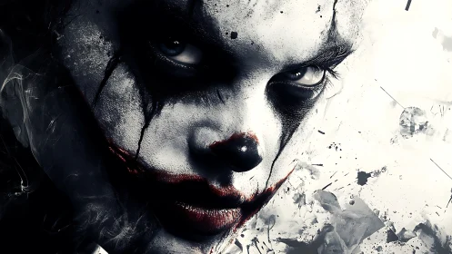 Sinister clown visage in stark monochrome contrast portrait.
