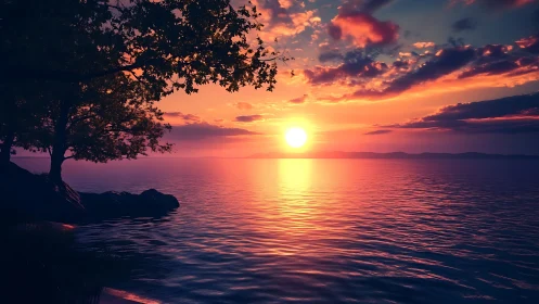 Vibrant digital seascape sunset over tranquil shoreline.