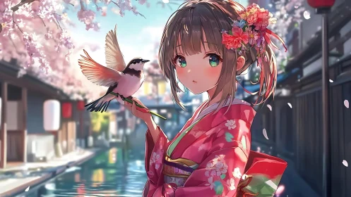 Kimono girl holding bird under cherry blossoms in alleyway.